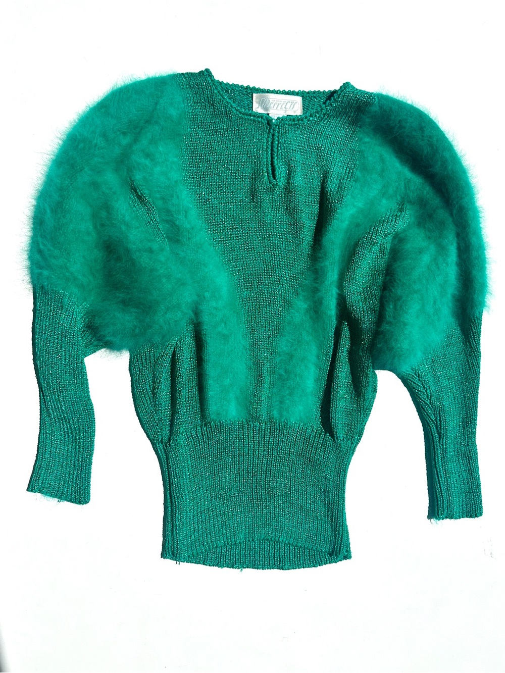 Vtg 80-s Sideffects Angora Rabbit Hair & Metallic Emerald Green Fuzzy Sweater, M